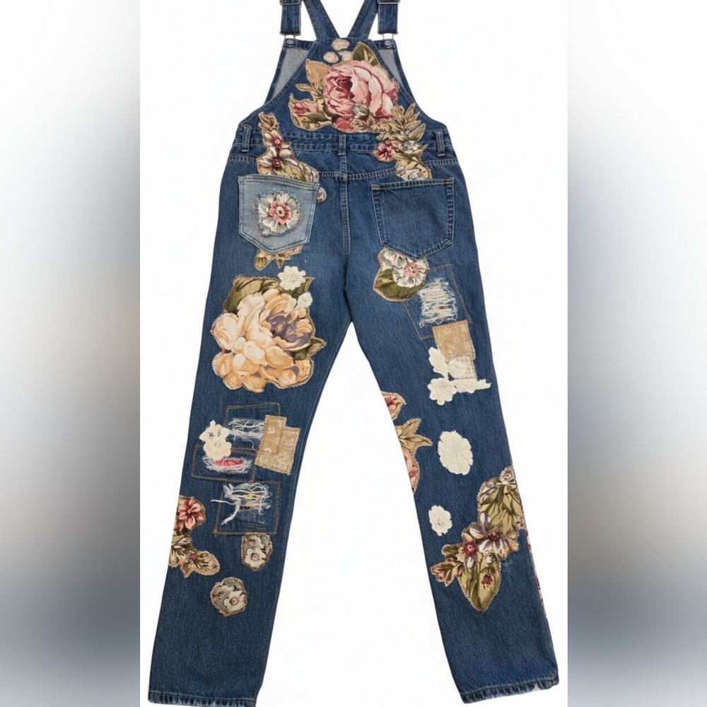 Floral Upcycled Patchwork Dark Denim Overalls By … - image 15